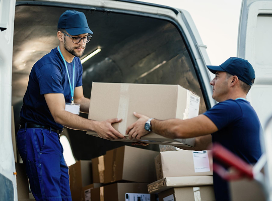 2 hombres organizando cajas